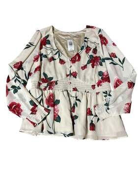Torrid Chiffon Button Front Smocked Waist Blouse in Toro Roses Floral Sandstone
